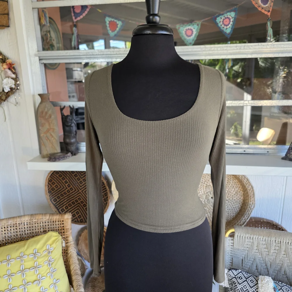 Garage Medium Balletcore Tee Olive Long Sleeve Top Lace-Up Open Back